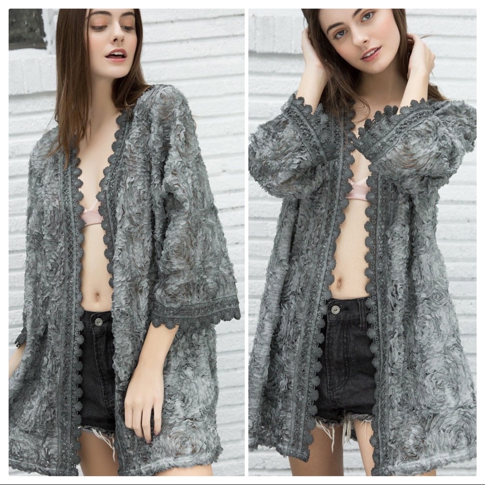 POL Jewel Teal 3D Lace and Crochet Cardigan - Picture 7 of 9